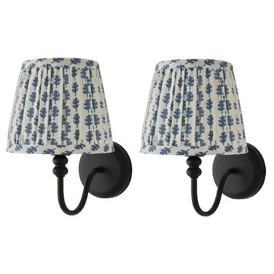 B&Q -  Binky Pair Of Black Rechargeable Wall Lights With Blue Floral Shade