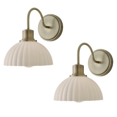 B&Q -  Bourton Pair Of Brushed Gold Wall Lights With Ribbed Dome Shade And Bulbs
