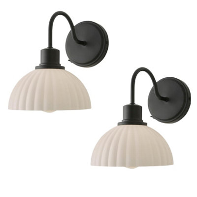 Valuelights Black Bourton Pair Of Matte Wall Lights With Ribbed Dome Shade And Bulbs B&Q