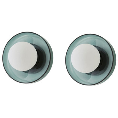 B&Q -  Newbury Pair Of Jade Green Glass Ip44 Flush Wall Lights