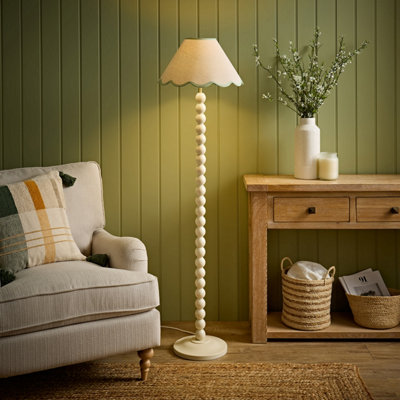 B&Q -  Bobbin Green Trim Linen Shade Cream Bobble Floor Lamp