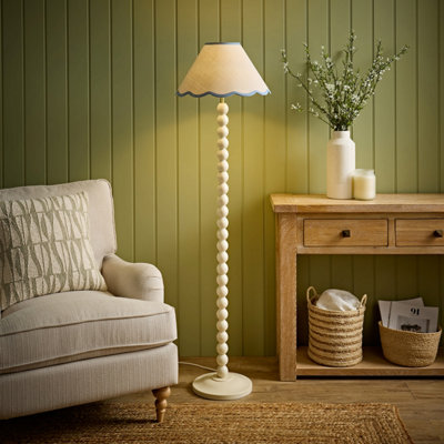 Valuelights Bobbin Blue Trim Linen Shade Cream Bobble Floor Lamp