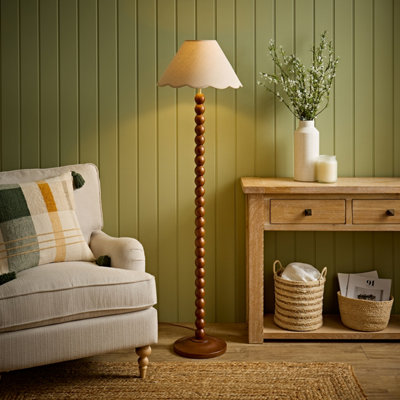 Valuelights Bobbin Natural Trim Linen Shade Walnut Bobble Floor Lamp