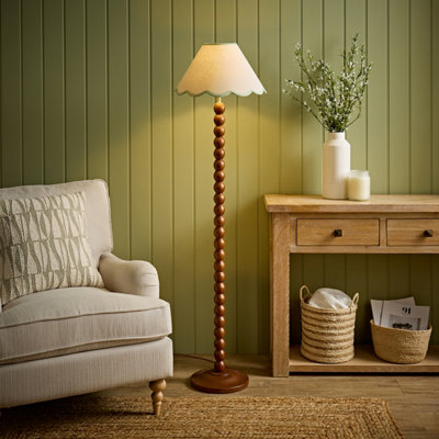 Valuelights Bobbin Green Trim Linen Shade Walnut Bobble Floor Lamp