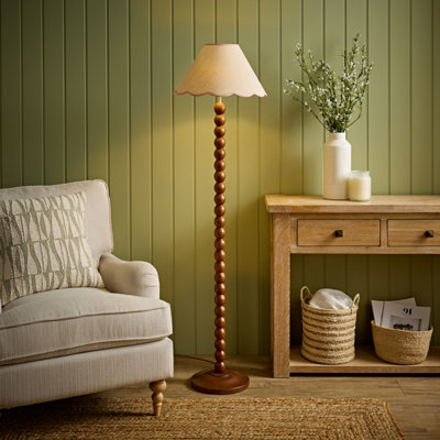 Valuelights Bobbin Pink Trim Linen Shade Walnut Bobble Floor Lamp