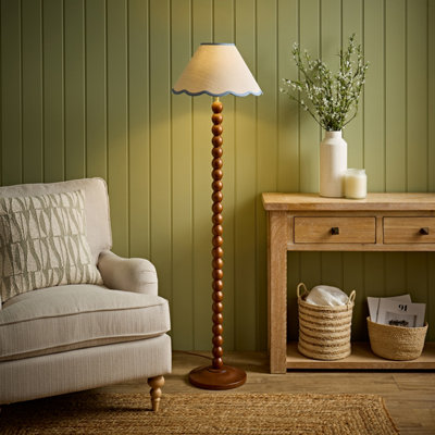 Valuelights Bobbin Blue Trim Linen Shade Walnut Bobble Floor Lamp
