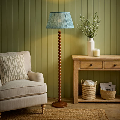 Valuelights Bobbin Leaf Printed Pleated Shade Walnut Bobble Floor Lamp