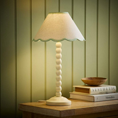 Valuelights Bobbin Green Trim Linen Shade Cream Bobble Table Lamp