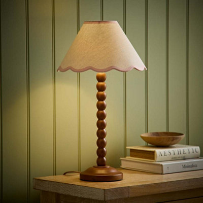 B&Q -  Bobbin Pink Trim Linen Shade Walnut Bobble Table Lamp