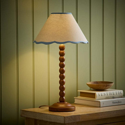 Valuelights Bobbin Blue Trim Linen Shade Walnut Bobble Table Lamp