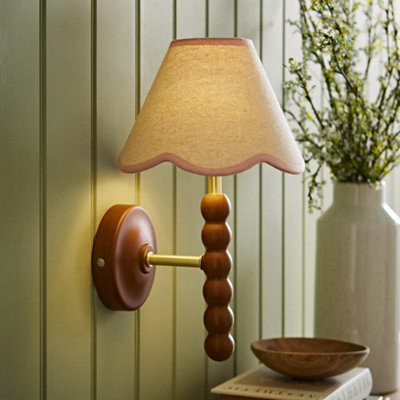 B&Q -  Bobbin Walnut Bobble Wall Light And Pink Trim Linen Lamp Shade