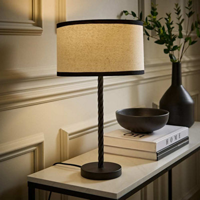 B&Q -  Maura Natural Linen Black Trim Drum Shade Matte Black Twist Table Lamp