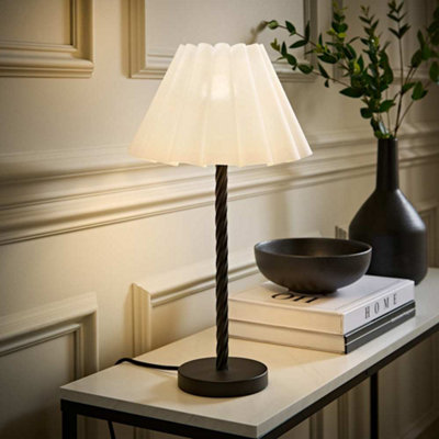 B&Q -  Maura White Scallop Pleated Tapered Shade Matte Black Twist Table Lamp