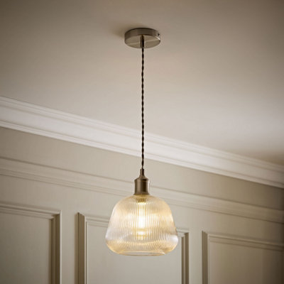 B&Q -  Delora Ribbed Bell Glass Shade Single Brushed Chrome Ceiling Light