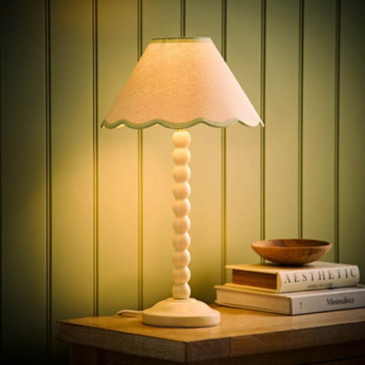 Valuelights Bobbin Green Trim Linen Shade Cream Bobble Table Lamp With Bulb