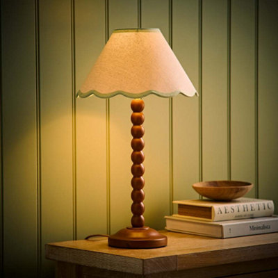 Valuelights Bobbin Green Trim Linen Shade Walnut Bobble Table Lamp With Bulb