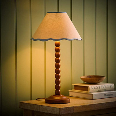 Valuelights Bobbin Blue Trim Linen Shade Walnut Bobble Table Lamp With Bulb