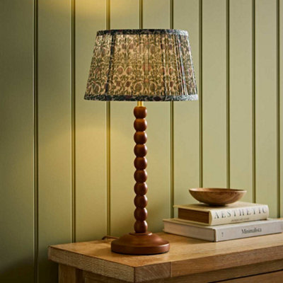 Valuelights Bobbin Floral Printed Pleated Shade Walnut Bobble Table Lamp With Bulb