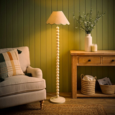 B&Q -  Bobbin Green Trim Linen Shade Cream Bobble Floor Lamp With Bulb