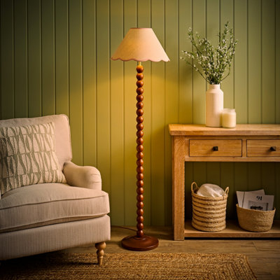 Valuelights Bobbin Pink Trim Linen Shade Walnut Bobble Floor Lamp With Bulb