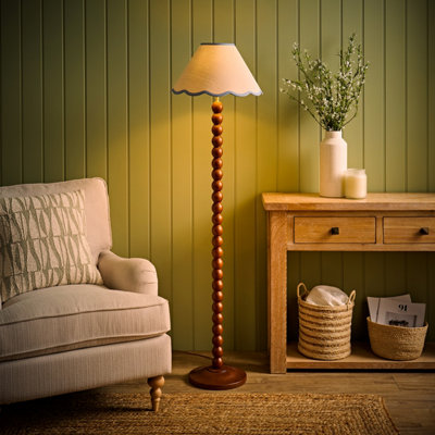 Valuelights Bobbin Blue Trim Linen Shade Walnut Bobble Floor Lamp With Bulb