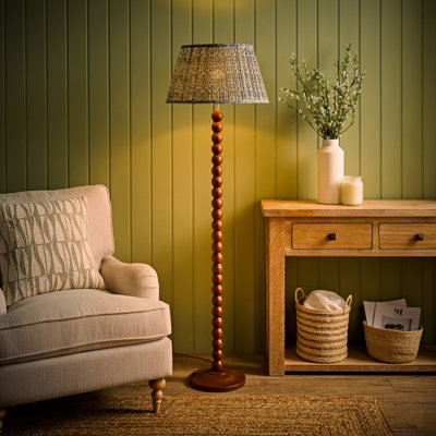 Valuelights Bobbin Floral Printed Pleated Shade Walnut Bobble Floor Lamp With Bulb