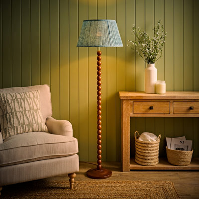 Valuelights Bobbin Leaf Printed Pleated Shade Walnut Bobble Floor Lamp With Bulb