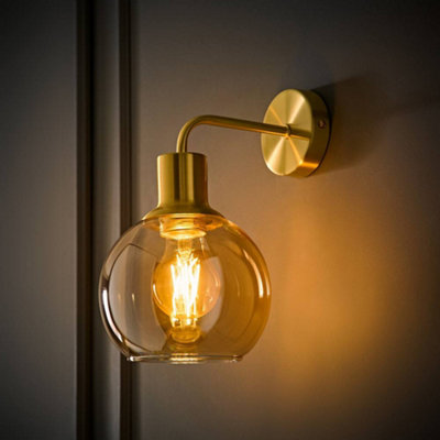 B&Q -  Bellamy Brushed Gold Amber Glass Wall Light With Led Bulb