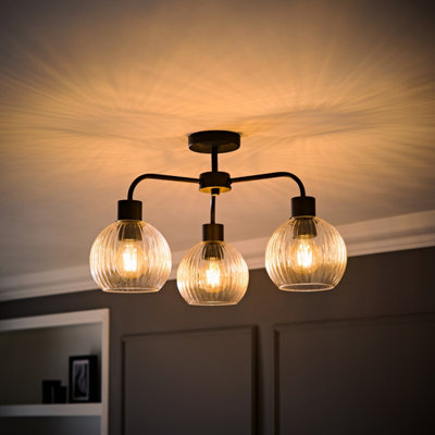 Valuelights Maddison Clear Ribbed Glass Globe Matte Black 3 Arm Ceiling Light & Filament Bulbs from B&Q