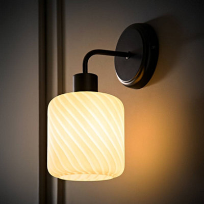 B&Q -  Emery Frosted Swirl Glass Shade Matte Black Wall Light With Bulb