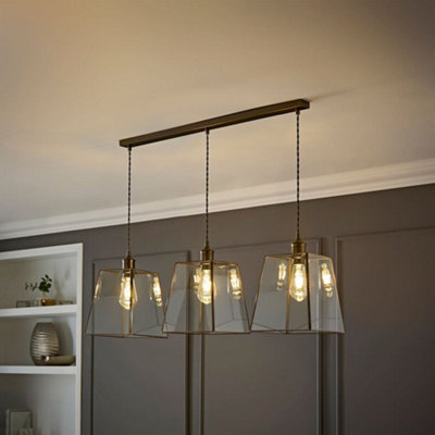 B&Q -  Susie Glass Lantern 3 Drop Brushed Brass Diner Ceiling Pendant Light With Filament Bulbs