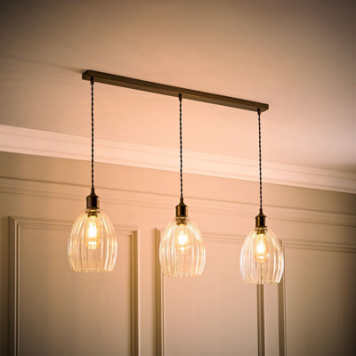 B&Q -  Cheltenham Brushed Brass 3 Drop Bar Ceiling Light With Ribbed Shades And Bulbs