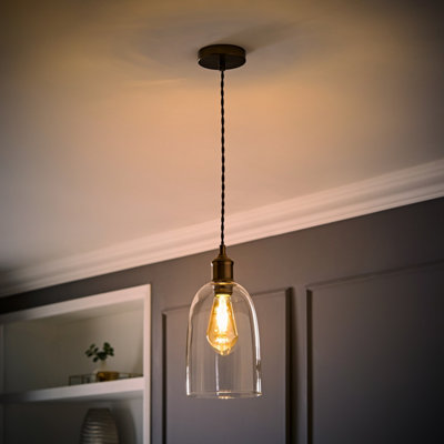 B&Q -  Kira Glass Cloche Brushed Brass Single Ceiling Pendant Light With Bulb