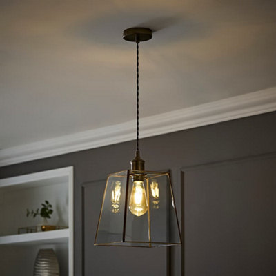 B&Q -  Susie Glass Lantern Brushed Brass Single Ceiling Pendant Light With Led Bulb