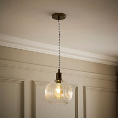 B&Q -  Maddison Clear Ribbed Glass Shade Brass Ceiling Light & Filament Bulb