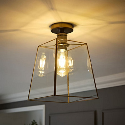 B&Q -  Susie Glass Lantern Lamp Shade Flush Brushed Brass Ceiling Light With Filament Bulb