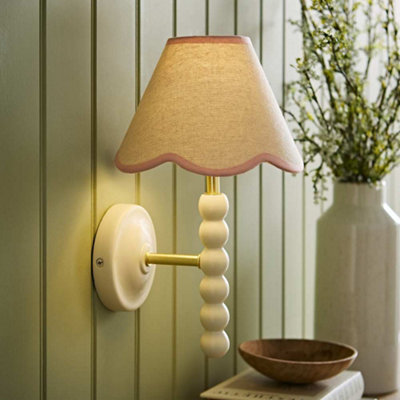 B&Q -  Bobbin Cream Bobble Wall Light And Pink Trim Linen Lamp Shade And Bulb