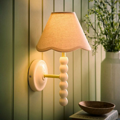 B&Q -  Bobbins Cream Bobble Wall Light And Natural Trim Linen Lamp Shade And Bulb