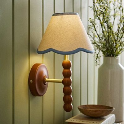 B&Q -  Bobbin Walnut Bobble Wall Light And Blue Trim Linen Lamp Shade And Bulb