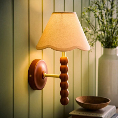 B&Q -  Bobbins Walnut Bobble Wall Light And Natural Trim Linen Lamp Shade And Bulb