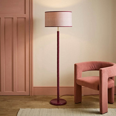 B&Q -  Amara Linen Drum Colour Trim Shade Raspberry Pink Twisted Floor Lamp