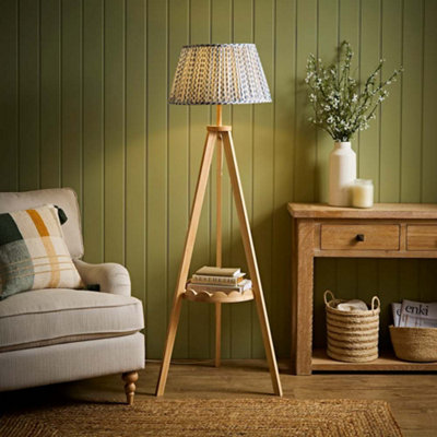 B&Q -  Morrigan Blue Floral Pleated Shade Scallop Wooden Tripod Floor Lamp