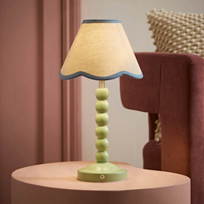 B&Q -  Bobble Blue Scallop Trim Shade Green Rechargeable Wooden Table Lamp