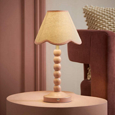B&Q -  Bobble Pink Scallop Trim Shade Pink Rechargeable Wooden Table Lamp