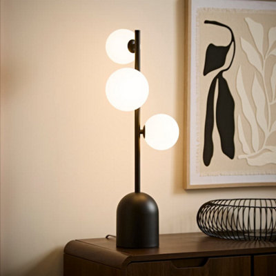 B&Q -  Marlow Frosted Glass Globe Matte Black 3 Way Table Lamp With Bulbs