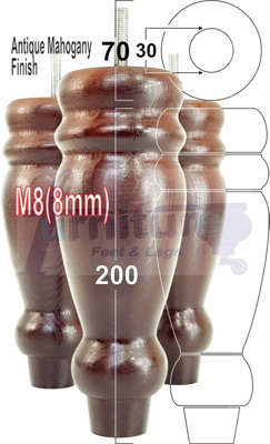 L&F Set Of 4 Turned Furniture Legs Replacement Sofa Feet 200mm Hight M8 Thread: Antique Mahogany from B&Q