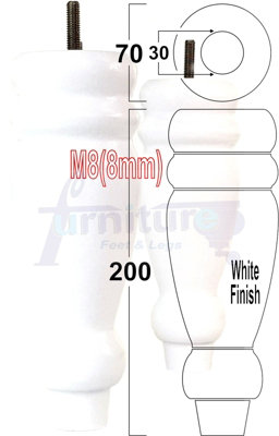 L&F Set Of 4 Turned Furniture Legs Replacement Sofa Feet 200mm Hight M8 Thread: White from B&Q