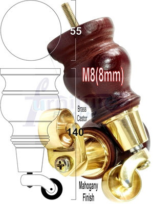 L&F 4X Replacement Wood Furniture Feet With Brass Castor Legs 140mm Height M8(8mm) from B&Q