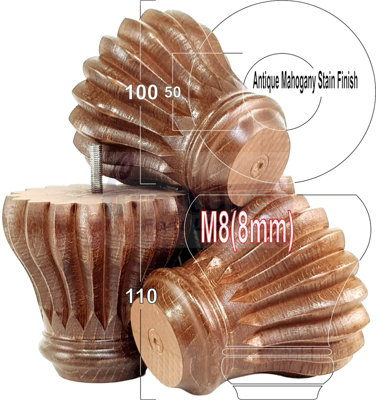 L&F Set Of 4 Replacement Furniture Bun Feet Antique Mahogany Stain Turned Wooden Legs 110mm High M8 (8mm) from B&Q