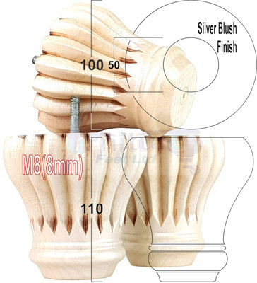 L&F Set Of 4 Replacement Furniture Bun Feet Blush Silver Turned Wooden Legs 110mm High M8 (8mm) from B&Q